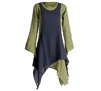 Vishes - Alternative Bekleidung - Langärmliges Zipfeliges Lagenlook Kleid/Tunika aus handgewebter Baumwolle Olive-schwarz 36-38