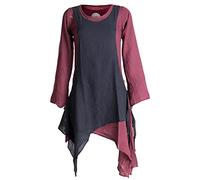 Vishes - Alternative Bekleidung - Langärmliges Zipfeliges Lagenlook Kleid/Tunika aus handgewebter Baumwolle dunkelrot-schwarz 36-38
