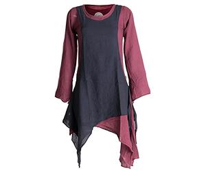 Vishes - Alternative Bekleidung - Langärmliges Zipfeliges Lagenlook Kleid/Tunika aus handgewebter Baumwolle dunkelrot-schwarz 34