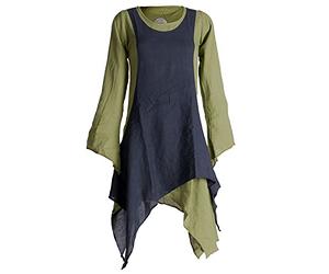 Vishes - Alternative Bekleidung - Langärmliges Zipfeliges Lagenlook Kleid/Tunika aus handgewebter Baumwolle Olive-schwarz 34