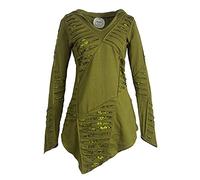 Vishes - Alternative Bekleidung - Langarm Damen Baumwoll Cutwork-Kleid Hoodie Zipfelkapuze Asymmetrisch Olive 48