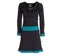 Vishes - Alternative Bekleidung - Langarm Damen Kleid Wasserfallkragen Bio-Baumwolle breiter Bund schwarz-türkis 40