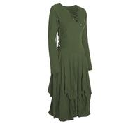 Vishes - Alternative Bekleidung- Langes Langarm Damen Kleid Ballonkleid Bio-Baumwolle Einfarbig mit Schnürung V-Ausschnitt Olive 42