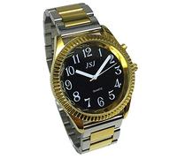 VISIONU Sprechende Armbanduhr, analog, mit Alarm, Anzeige der Uhrzeit und Datum, auf Französisch, für Blinde und Sehbehinderte, goldfarben, zweifarbiges Edelstahl-Armband TUF-G305, Armband
