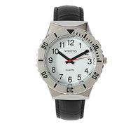 VISIONU Sprechende Armbanduhr, analog, mit Alarm, Anzeige von Uhrzeit und Datum auf Französisch, für Blinde und Sehbehinderte, Armband aus schwarzem Leder, TFBW-1601F, Klassisch