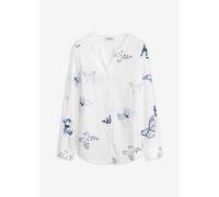Druckbluse BONPRIX, Damen, Gr. 52, weiß, blau bedruckt, Web, Obermaterial: 100% Viskose, bedruckt, figurumspielend Po-bedeckend, V-Ausschnitt, Krempelärmel,mit Knopf,mit Riegel 1-Knopf-Manschette, Blu