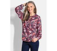 Schlupfbluse GOLDNER "Kurzgröße Moderne Rüschenbluse mit Stehkragen", Damen, Gr. 19, pink (beere, gemustert), Obermaterial: 100% Viskose CV., Blusen Schlupfbluse, Rüschen (88709754-19) beere, gemuster