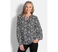 Schlupfbluse GOLDNER "Kurzgröße Moderne Rüschenbluse mit Stehkragen", Damen, Gr. 23, schwarz (schwarz, gemustert), Obermaterial: 100% Viskose CV., Blusen Schlupfbluse, Rüschen (14570066-23) schwarz, g