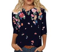 Viskose Shirt Damen 3/4 Arm Bluse Rundhals Sommer Tops Herbstmode | Übergröße 3/4 Ärmel Festliche Hemd Modern Party Shirt Bequemer Schlankmacher Bluse Mit Blumendruck