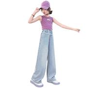 Viunychn Jeans Teenager Mädchen Straight Baggy Y2k Hose Denim Kinder Teenager Weite Jeans Mädchen Mit Gummibund Wide Leg Loose Freizeithose Stretch Lang Sommerhose Sommer Slim Low Waist Sport Hosen