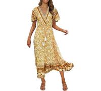 Viunychn Kleid Damen Somme Blumenkleid,Sommerkleid Damen Lang Elegant Kleid Große Größen Boho Sommer Kurzarm Kleider Strandkleid Casual Mode Hohe Taille Curvy Freizeitkleider Partykleider Für Urlaub