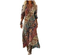 Viunychn Kleider Damen,Sommerkleid Damen Lang Boho Kleid Maxikleid V-Ausschnitt 3/4 Ärmel Blumenkleid Vintage Blumenmuster A-Linie Kleider Luftige mit Taschen Strandkleid Freizeitkleid