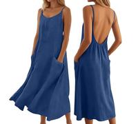Viunychn Leinenkleid Damen Sommer,Sommerkleid Damen Lang Elegant Musselin Rückenfreies Kleid Strandkleid Große Größen Boho Sommer Kleider Casual Mit Taschen/Ohne Taschen Freizeitkleider Leinenkleider