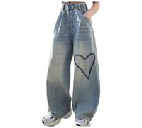 Viunychn Mädchen Hosen Baggy Straight Denim Weite Jeans Mädchen Mit Gummibund Y2k Kinder Teenager Hose Stretch Lang Sommerhose Loose Wide Leg Hosen Sommer Sport Low Waist Slim Freizeithose