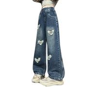 Viunychn Mädchen-Jeanshosen Straight Baggy Y2k Hose Denim Kinder Teenager Weite Jeans Mädchen Mit Gummibund Loose Wide Leg Freizeithose Lang Stretch Hosen Sport Low Waist Skinny Slim Sommerhose