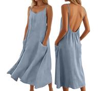 Viunychn Musselin Kleid Damen Sommer Lang Elegant Rückenfreies Cami Sommerkleid Leinenkleider Leicht Luftige Leinenkleid Midi Kleid Sommerkleider Italienische Strandkleider Bohemian Kleidung