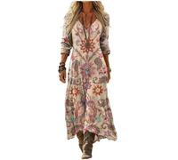 Viunychn Sommerkleid Damen Elegant,Sommerkleid Damen Lang Boho Kleid Maxikleid V-Ausschnitt 3/4 Ärmel Blumenkleid Vintage Blumenmuster A-Linie Kleider Luftige mit Taschen Strandkleid Freizeitkleid