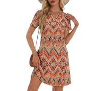 Viunychn Sommerkleid Damen Elegant V-Ausschnitt Knielang Kleid Damen Sommer Leicht und Luftig Kleider Midikleid Casual Wickelkleid Strandkleid Sommerkleider Boho Kleider Orange 3XL