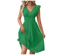 Viunychn Sommerkleid Damen - Leicht Knielang Elegant Lochstickerei Midi Kleid Sommerkleider mit Spitzen-Jacquard-Ausschnitt und Schlankmachendem V-Ausschnitt in Übergröße Weite Kleider