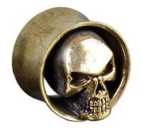 viva-adorno 1 Stück Flesh Tunnel Plug Messing Vintage Look Totenkopf gold silber Skull Schädel Größe 6-16mm Z468.D1 10mm