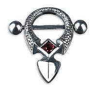 viva-adorno KoolKatana Brustpiercing Nippel Schild Barbell mit Anhänger mit rotem Stein Chirurgenstahl 316 L teilweise geschwärzt Z163.D3