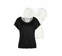 Kurzarmshirt VIVANCE "mit Häkelspitze am Rücken", Damen, Gr. 36/38, beige (creme, schwarz), Single Jersey, Obermaterial: 95% Viskose (LENZING™ ECOVERO™), 5% Elasthan. Spitze: 100% Baumwolle, unifarben