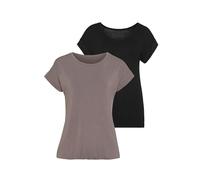 Kurzarmshirt VIVANCE "mit Gummizug im Bund", Damen, Gr. 40/42, grau (taupe, schwarz), Obermaterial: 95% Viskose, 5% Elasthan, unifarben, Basic, figurumspielend normal, Rundhals, angeschnitten, Shirts,