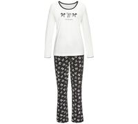 Pyjama, Damen, Gr. 44/46, ecru, schwarz, gemustert, Single Jersey, Obermaterial: 100% Baumwolle. Unterteil: 100% Baumwolle, VIVANCE DREAMS BY LASCANA, Basic lang, Rundhals, Homewear-Sets Pyjama, mit s