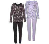 Pyjama, Damen, Gr. 36/38, lila (flieder, schwarz), Single Jersey, Obermaterial: 100% Baumwolle, VIVANCE DREAMS BY LASCANA, Basic, Basic lang, Rundhals, eingesetzt, Homewear-Sets Pyjama, mit Sternenmus