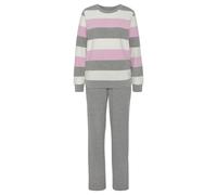 Pyjama, Damen, Gr. 36/38, grau (grau, rosa), Frottee, Obermaterial: 80% Baumwolle, 20% Polyester. Unterteil: 70% Baumwolle, 30% Polyester, VIVANCE DREAMS BY LASCANA, gestreift, loose fit lang, Rundhal