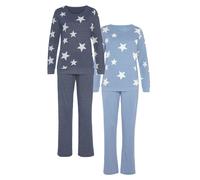 Pyjama, Damen, Gr. 40/42, blau (hellblau, marine, sterne), Single Jersey, Obermaterial: 50% Baumwolle, 50% Polyester, VIVANCE DREAMS BY LASCANA, Basic lang, Rundhals, angesetztes Bündchen, Homewear-Se