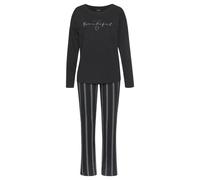 Pyjama VIVANCE DREAMS, Damen, Gr. 44/46, schwarz (schwarz, gestreift), Single Jersey, Obermaterial: 100% Baumwolle, gestreift, unifarben, Basic, bequem lang, Rundhals, Homewear-Sets Pyjama, mit Frontd