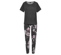 Pyjama, Damen, Gr. 36/38, schwarz, Single Jersey, Obermaterial: 100% Baumwolle, VIVANCE DREAMS BY LASCANA, geblümt, Basic, bequem lang, Rundhals, angeschnitten, Homewear-Sets Pyjama, mit Blumendruck (