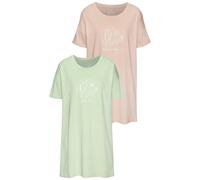 Bigshirt VIVANCE DREAMS, Damen, Gr. 32/34, grün (grün und rosa), Single Jersey, Obermaterial: 100% Baumwolle, unifarben, modisch, loose fit mini, Rundhals, Kurzarm, Shirts, mit zart skizziertem Frontd