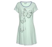 Nachthemd VIVANCE DREAMS, Damen, Gr. 48/50, N-Gr, grün (mint), Single Jersey, Obermaterial: 100% Baumwolle, bedruckt, bequem kurz, Rundhals, Babylock kontrastfarben, Kleider Nachthemd, mit Schmetterli