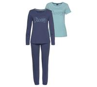 Pyjama VIVANCE DREAMS, Damen, Gr. 48/50, blau (blau, dunkelblau), Single Jersey, Obermaterial: 100% Baumwolle, unifarben, Basic lang, Rundhals, Homewear-Sets Pyjama, mit Frontschriftzug (56492550-48)