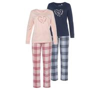 Pyjama VIVANCE DREAMS, Damen, Gr. 40/42, blau (blau, rosa), Single Jersey, Obermaterial: 100% Baumwolle, gemustert, kariert, unifarben mit Farbeinsatz, Basic lang, Rundhals, eingesetzt Bündchen, Homew