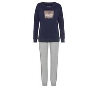 Pyjama VIVANCE DREAMS, Damen, Gr. 40/42, blau (dunkelblau, graumeliert), Single Jersey, Obermaterial: 100% Baumwolle, Basic lang, Rundhals, Homewear-Sets Pyjama, mit kontrastfarbenen Tape Details (767
