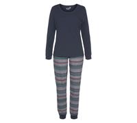 Pyjama VIVANCE DREAMS, Damen, Gr. 40/42, blau (navy), Single Jersey, Obermaterial: 100% Baumwolle, ethno, Basic, loose fit lang, Rundhals, Langarm eingesetzt, Homewear-Sets, mit buntem Zick-Zack-Muste