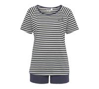Shorty VIVANCE DREAMS, Damen, Gr. 40/42, blau (dunkelblau), Single Jersey, Obermaterial: 100% Baumwolle, bestickt, gestreift, bequem kurz, Rundhals, Raglanärmel, Homewear-Sets Shorty, mit schönem Stre