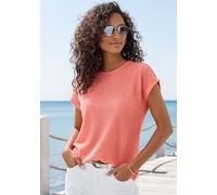 Kurzarmshirt VIVANCE "mit modischer Waffelstruktur", Damen, Gr. 40/42, apricot, indigo, Strick, Obermaterial: 64% Polyester, 34% Viskose, 2% Elasthan, leicht transparent, unifarben, bequem, Rundhals,