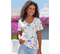 Kurzarmshirt VIVANCE "aus recyceltem Material", Damen, Gr. 44/46, bunt (creme, navy), Stoff, Obermaterial: 90% Polyester (REPREVE), 10% Elasthan, bedruckt, figurumspielend normal, V-Ausschnitt, Shirts