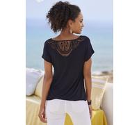 Kurzarmshirt VIVANCE "mit Spitzeneinsatz am Rücken", Damen, Gr. 40/42, grau (taupe, schwarz), Single Jersey, Obermaterial: 95% Viskose (LENZING™ ECOVERO™), 5% Elasthan. Spitze: 100% Baumwolle, unifarb