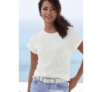 T-Shirt VIVANCE "aus bügelfreiem Strukturstrick", Damen, Gr. 32/34, blau (türkis, weiß), Strick, Obermaterial: 65% Polyester (REPREVE), 35% Baumwolle, Strukturmuster, unifarben, Basic, bequem, Rundhal