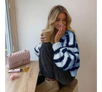 Vivid Style Damen neue Mode vielseitige V-Ausschnitt Kontraststreifen lockere kurze Strickjacke mit Knöpfen, Drop-Shoulder ausgestellte Ärmel Urlaub