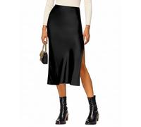 VividHarbor Satin-Rock mit hoher Taille, elastischer Bund, Seitenschlitz, A-Linie, Hochzeit, lässiger Röcke für Damen, Schwarz, X-Groß