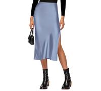 VividHarbor Satin-Rock mit hoher Taille, elastischer Bund, Seitenschlitz, A-Linie, Hochzeit, lässiger Röcke für Damen, Blau, X-Groß