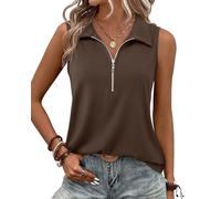 Vivilli Geripptes Damen-Tanktop, Reißverschluss, V-Ausschnitt, elegant, lässig, ärmellos, Camisole Tops, Arbeit, Tank-Polo-Shirt, Braun, XX-Large