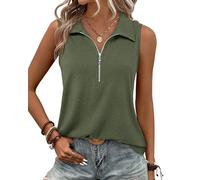 Vivilli Geripptes Damen-Tanktop, Reißverschluss, V-Ausschnitt, elegant, lässig, ärmellos, Top, Arbeit, Tank-Top, Polo-Shirt, Olivgrün, XX-Large