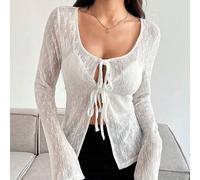 VIVINA Damen Frühling/Sommer Langarm Spitze strukturierte durchsichtige sexy figurbetonende Binden-Vorne Strickjacke, geeignet für Wochenendausflüge,